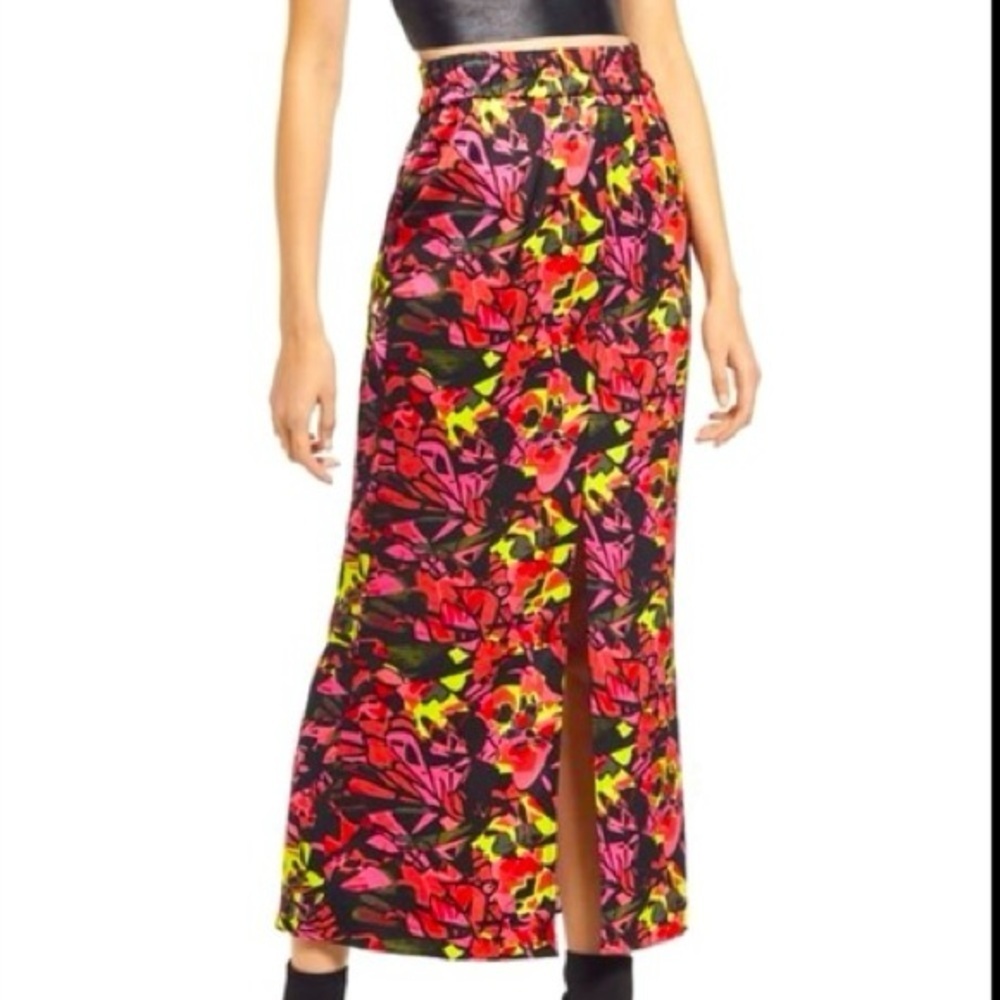 Open Edit Satin Floral Midi Skirt Black Pink Yellow XS - Picture 2 of 11